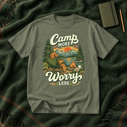 Camp More Worry Less Graphic Tee on Moss Premium Tee