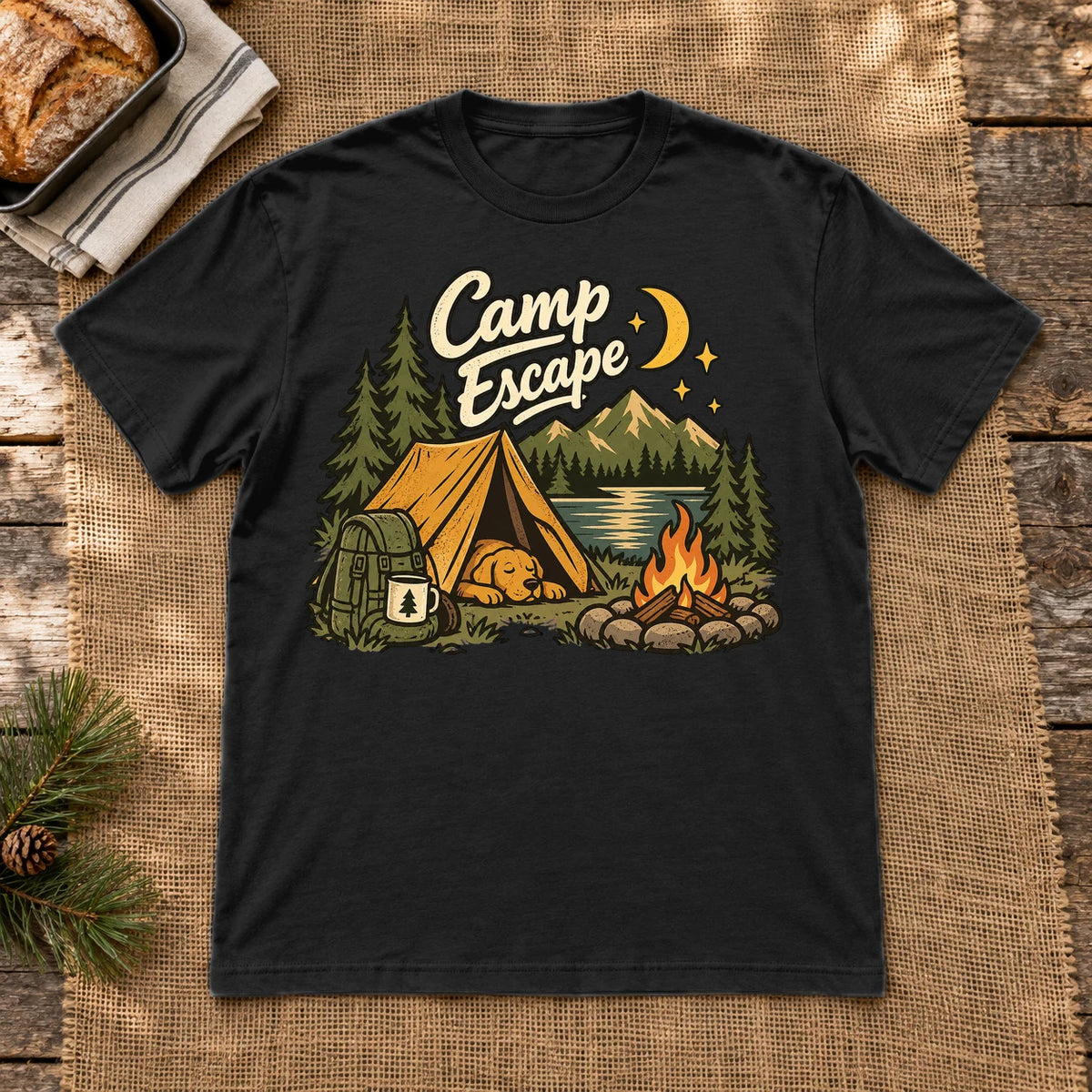 Camp Escape Vintage Camping Graphic Tee on Black Everyday Soft Tee
