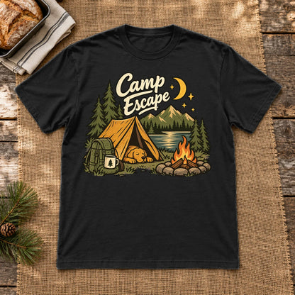 Camp Escape Vintage Camping Graphic Tee on Black Everyday Soft Tee