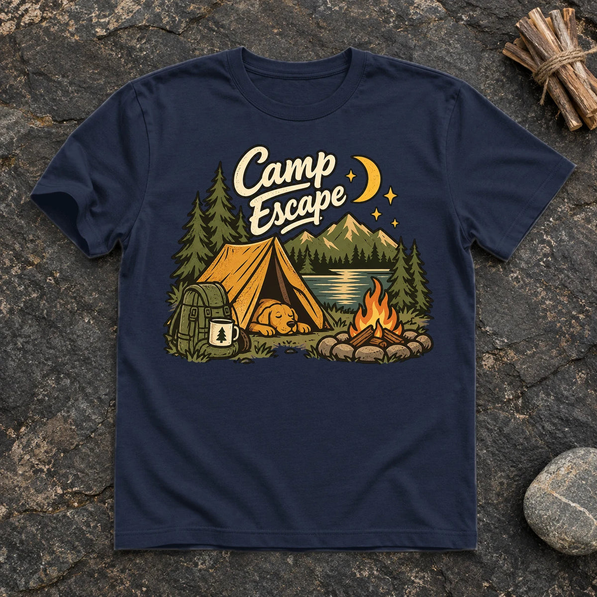 Camp Escape Vintage Camping Graphic Tee on Navy Everyday Soft Tee