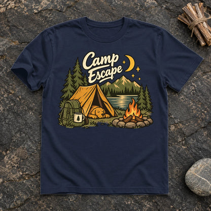 Camp Escape Vintage Camping Graphic Tee on Navy Everyday Soft Tee