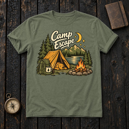 Camp Escape Vintage Camping Graphic Tee on Military Green Everyday Soft Tee