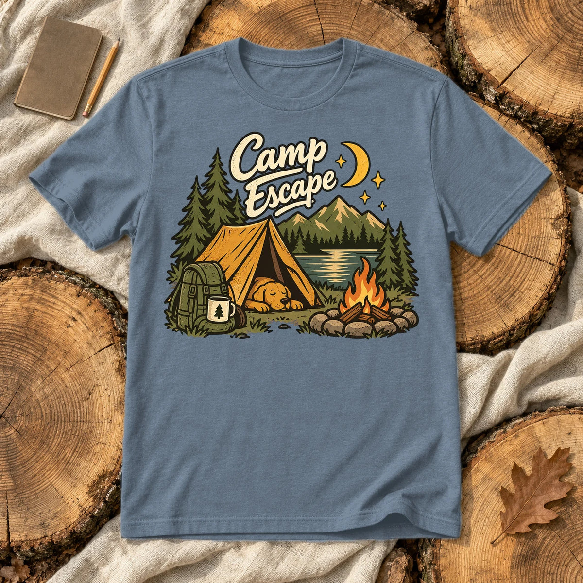 Camp Escape Vintage Camping Graphic Tee on Heather Indigo Everyday Soft Tee