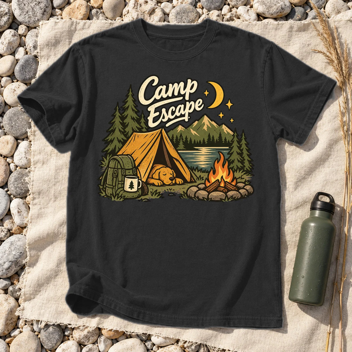 Camp Escape Vintage Camping Graphic Tee on Black Premium Tee