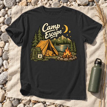 Camp Escape Vintage Camping Graphic Tee on Black Premium Tee