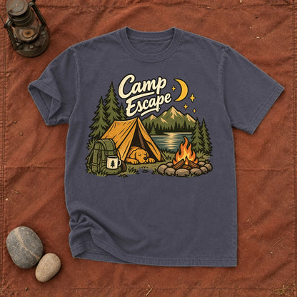 Camp Escape Vintage Camping Graphic Tee on Navy Premium Tee