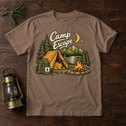 Camp Escape Vintage Camping Graphic Tee on Espresso Premium Tee