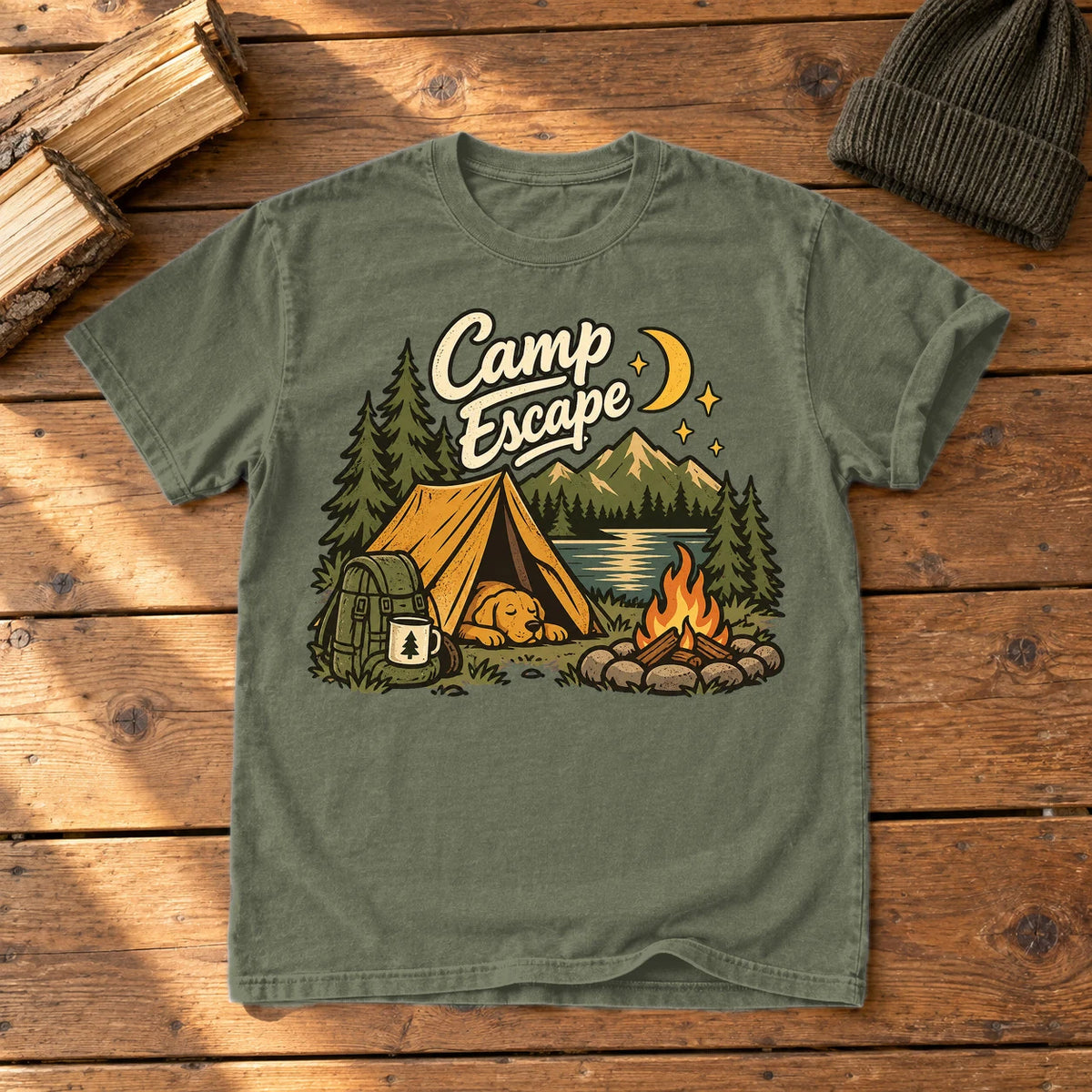 Camp Escape Vintage Camping Graphic Tee on Moss Premium Tee