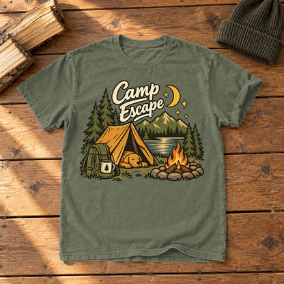 Camp Escape Vintage Camping Graphic Tee on Moss Premium Tee