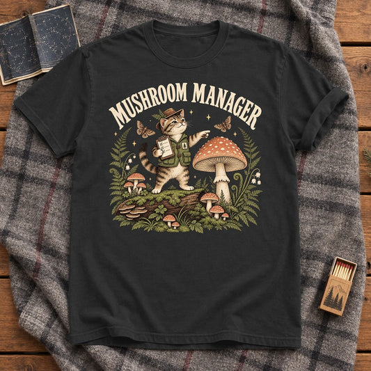 Mushroom Manager Cottagecore Cat Graphic Tee on Black Premium Tee