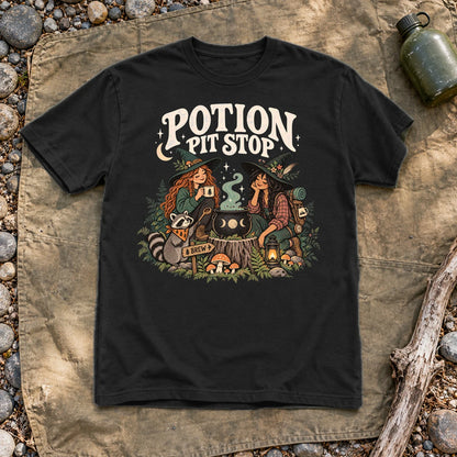 Potion Pit Stop Cozy Witch Graphic Tee on Black Everyday Soft Tee