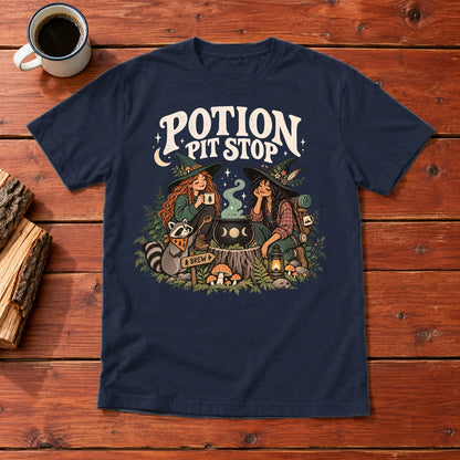 Potion Pit Stop Cozy Witch Graphic Tee on Navy Everyday Soft Tee