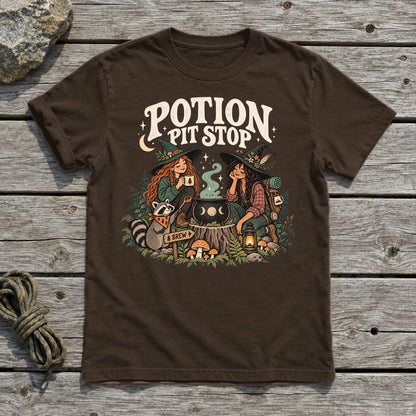 Potion Pit Stop Cozy Witch Graphic Tee on Dark Chocolate Everyday Soft Tee