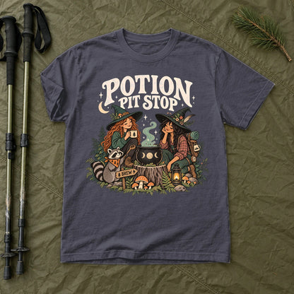 Potion Pit Stop Cozy Witch Graphic Tee on Navy Premium Tee