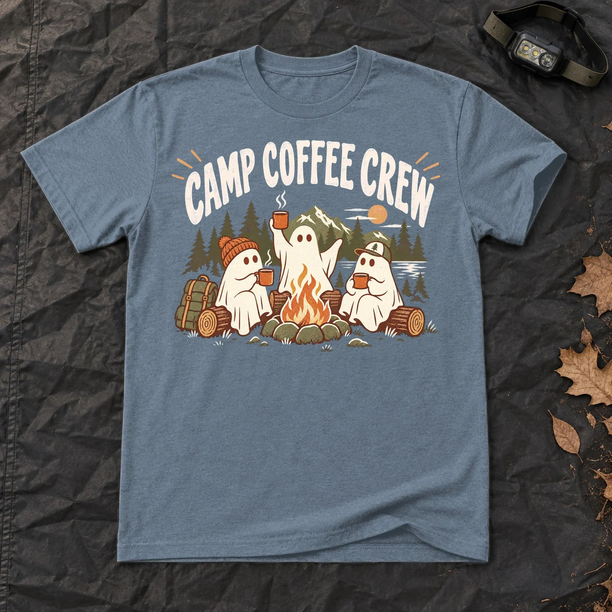 Camp Coffee Crew Ghost Graphic Tee on Heather Indigo Everyday Soft Tee