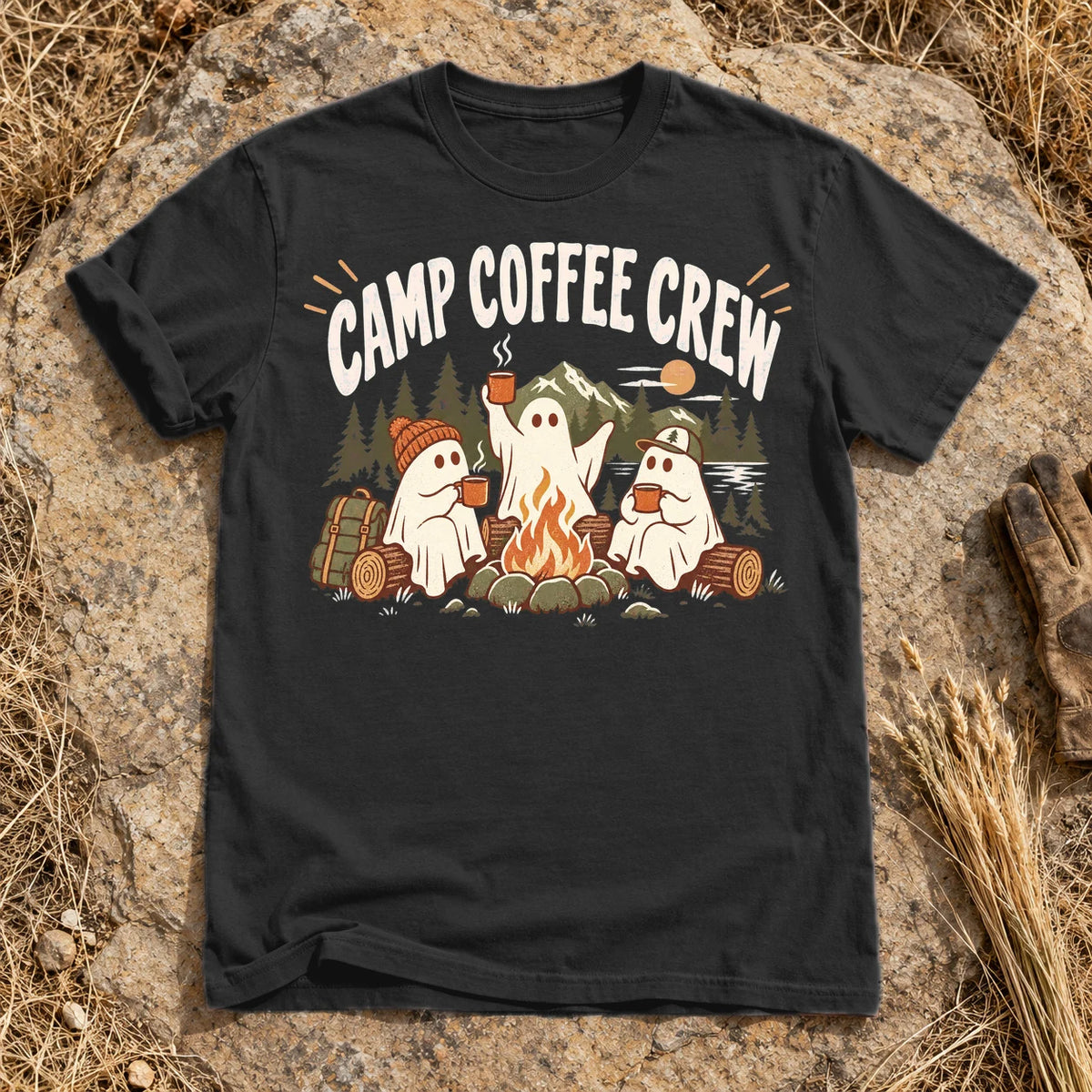 Camp Coffee Crew Ghost Graphic Tee on Black Premium Tee