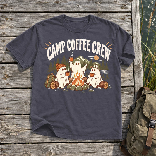 Camp Coffee Crew Ghost Graphic Tee on Navy Premium Tee