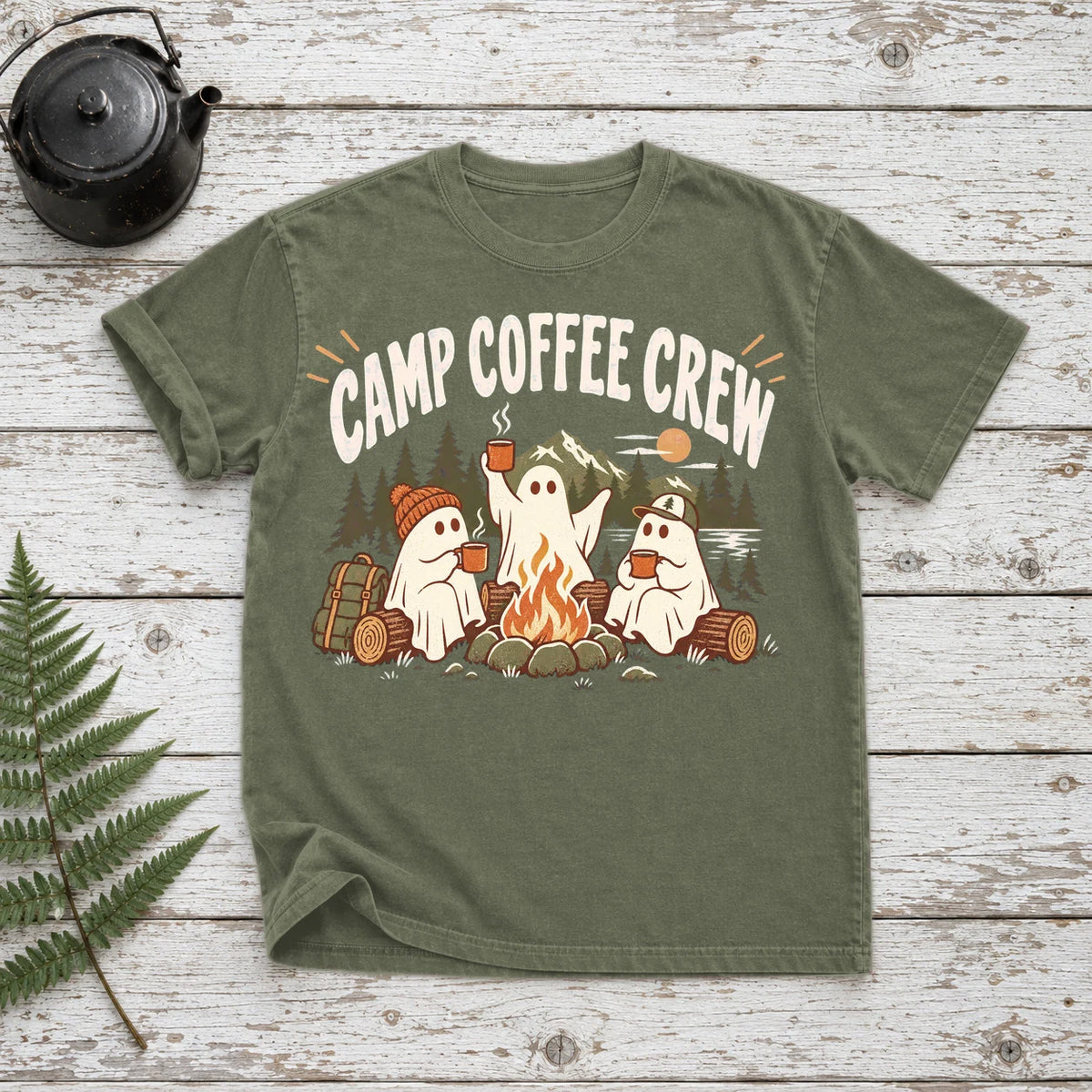 Camp Coffee Crew Ghost Graphic Tee on Moss Premium Tee