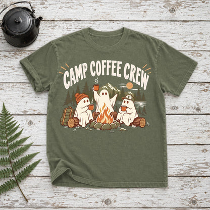 Camp Coffee Crew Ghost Graphic Tee on Moss Premium Tee
