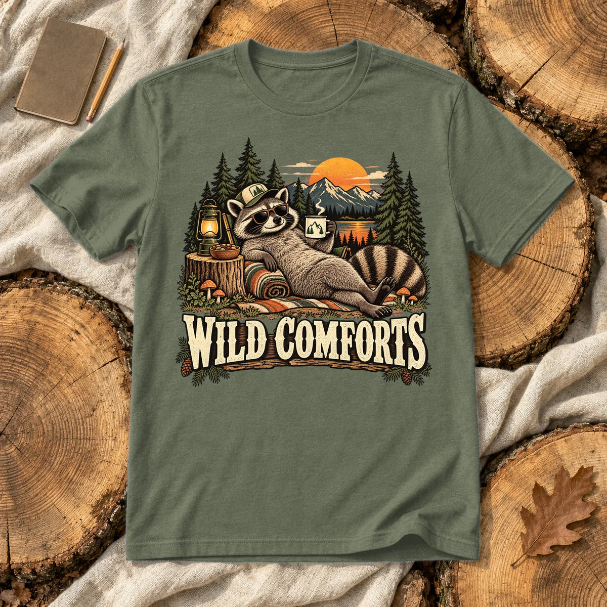 Wild Comforts Raccoon Graphic Tee on Military Green Everyday Soft Tee