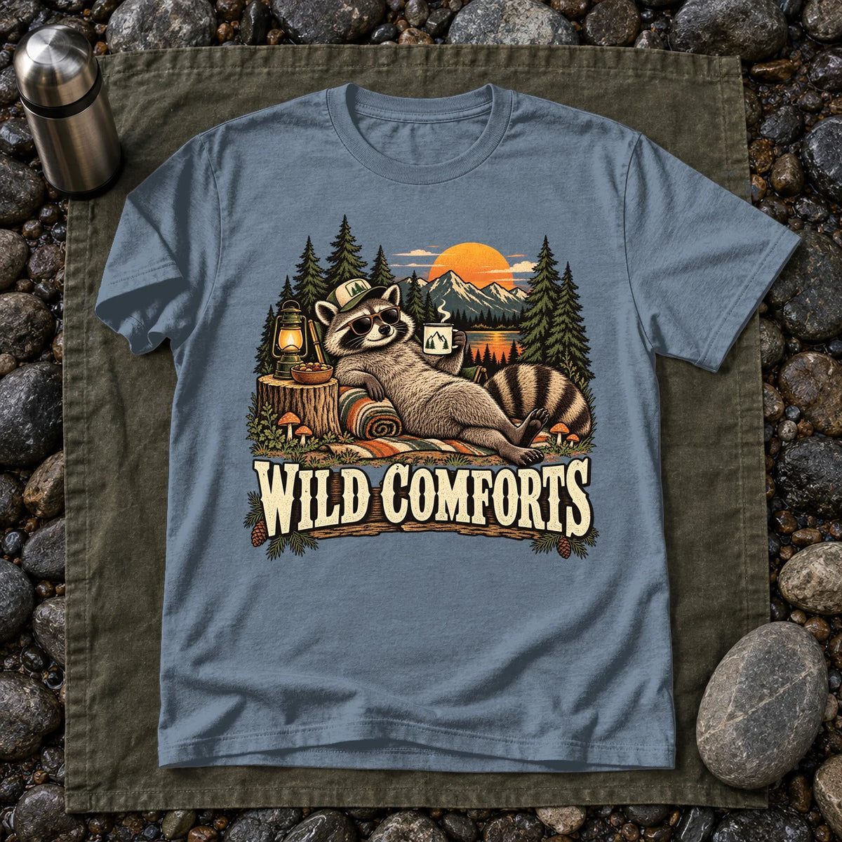 Wild Comforts Raccoon Graphic Tee on Heather Indigo Everyday Soft Tee