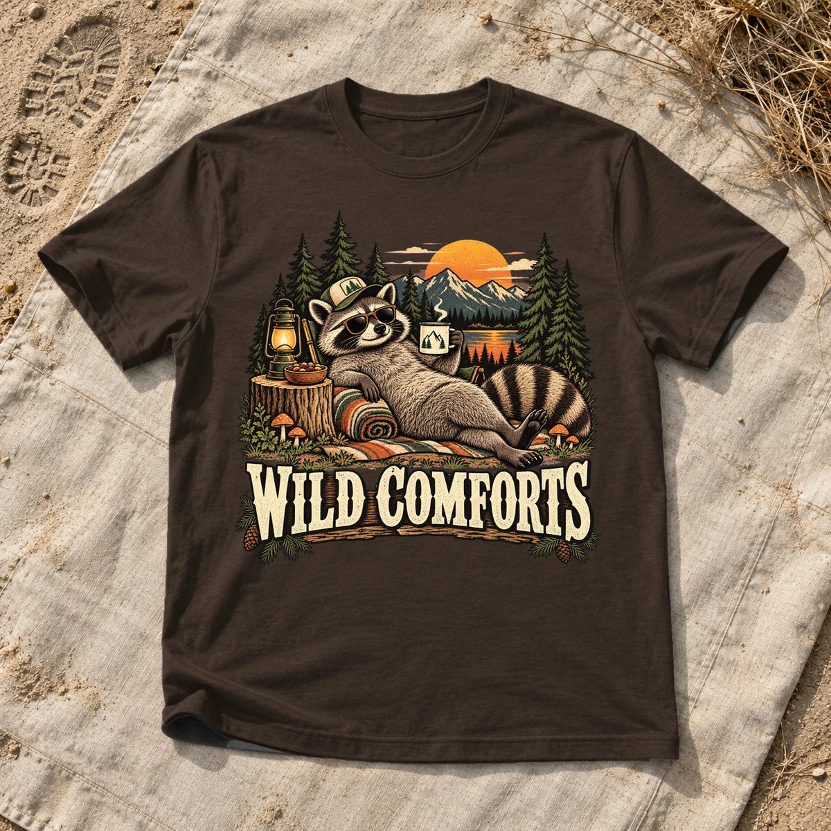 Wild Comforts Raccoon Graphic Tee on Dark Chocolate Everyday Soft Tee