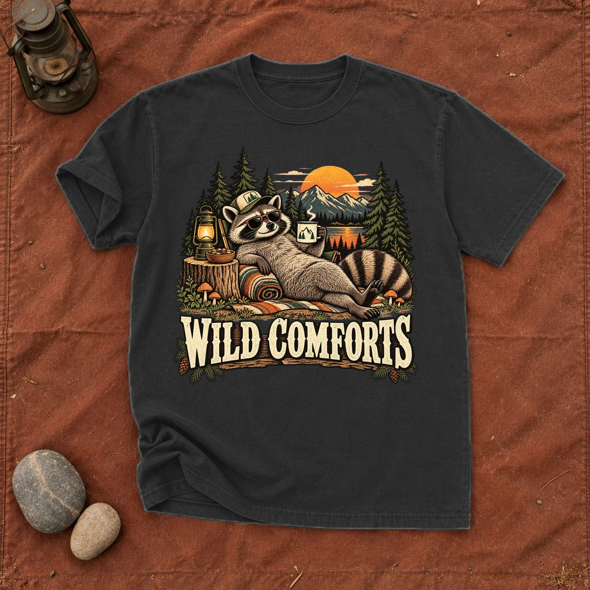 Wild Comforts Raccoon Graphic Tee on Black Premium Tee