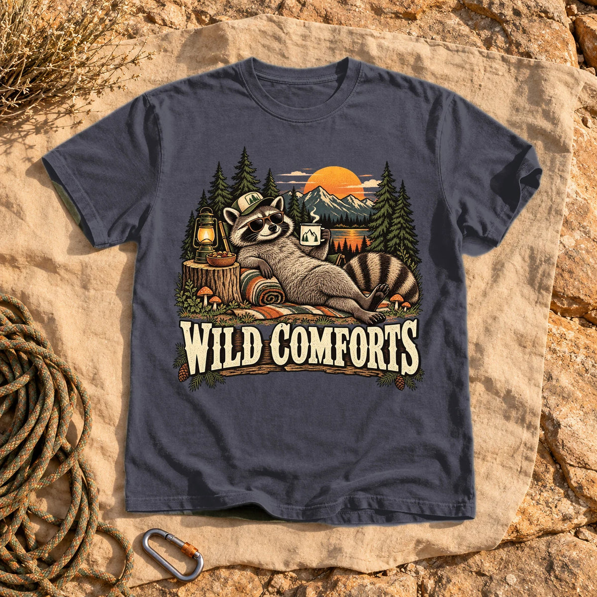 Wild Comforts Raccoon Graphic Tee on Navy Premium Tee