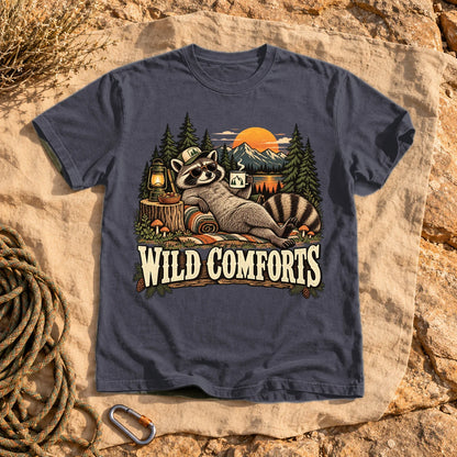 Wild Comforts Raccoon Graphic Tee on Navy Premium Tee