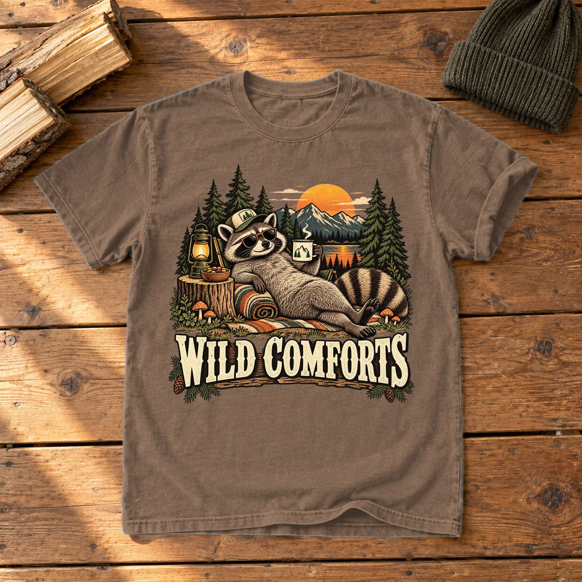 Wild Comforts Raccoon Graphic Tee on Espresso Premium Tee