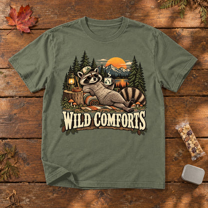 Wild Comforts Raccoon Graphic Tee on Moss Premium Tee