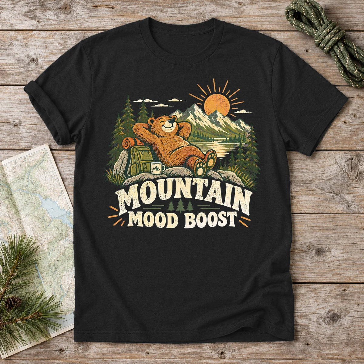 Mountain Mood Boost Bear Graphic Tee on Black Everyday Soft Tee