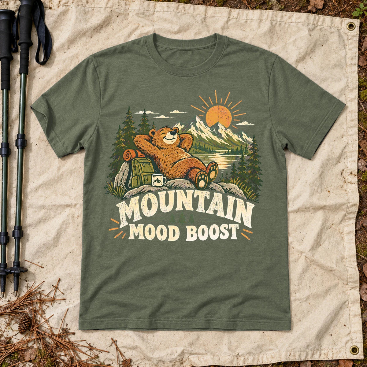 Mountain Mood Boost Bear Graphic Tee on Military Green Everyday Soft Tee