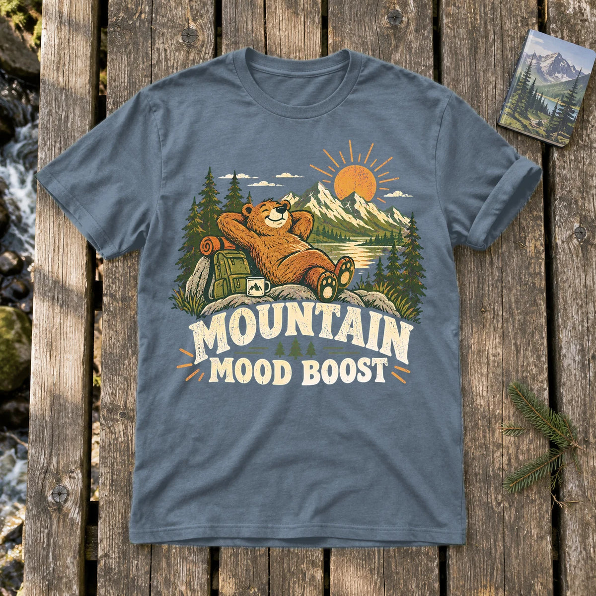 Mountain Mood Boost Bear Graphic Tee on Heather Indigo Everyday Soft Tee