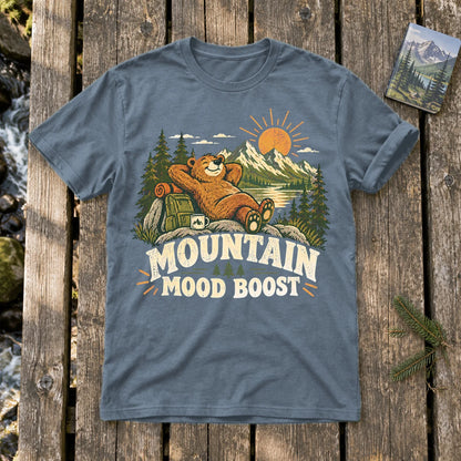 Mountain Mood Boost Bear Graphic Tee on Heather Indigo Everyday Soft Tee