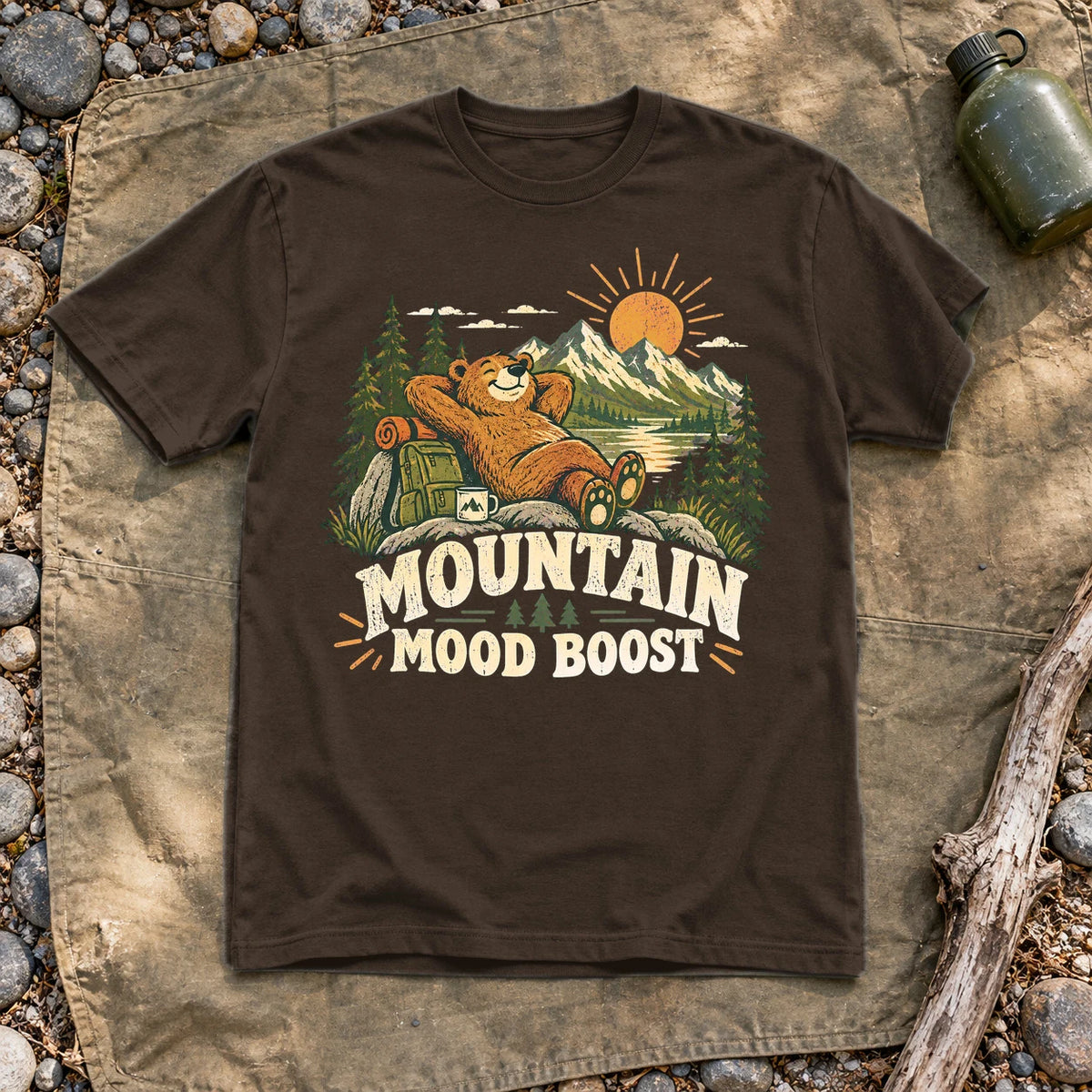 Mountain Mood Boost Bear Graphic Tee on Dark Chocolate Everyday Soft Tee