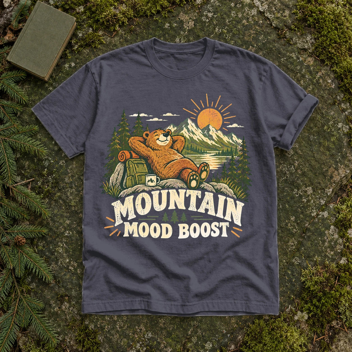 Mountain Mood Boost Bear Graphic Tee on Navy Premium Tee