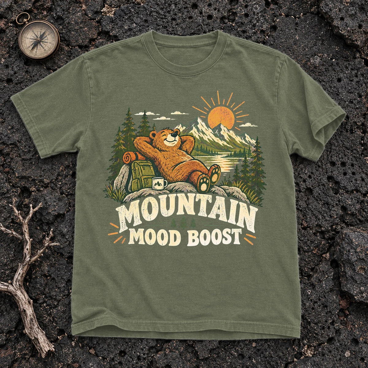 Mountain Mood Boost Bear Graphic Tee on Moss Premium Tee