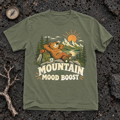 Mountain Mood Boost Bear Graphic Tee on Moss Premium Tee