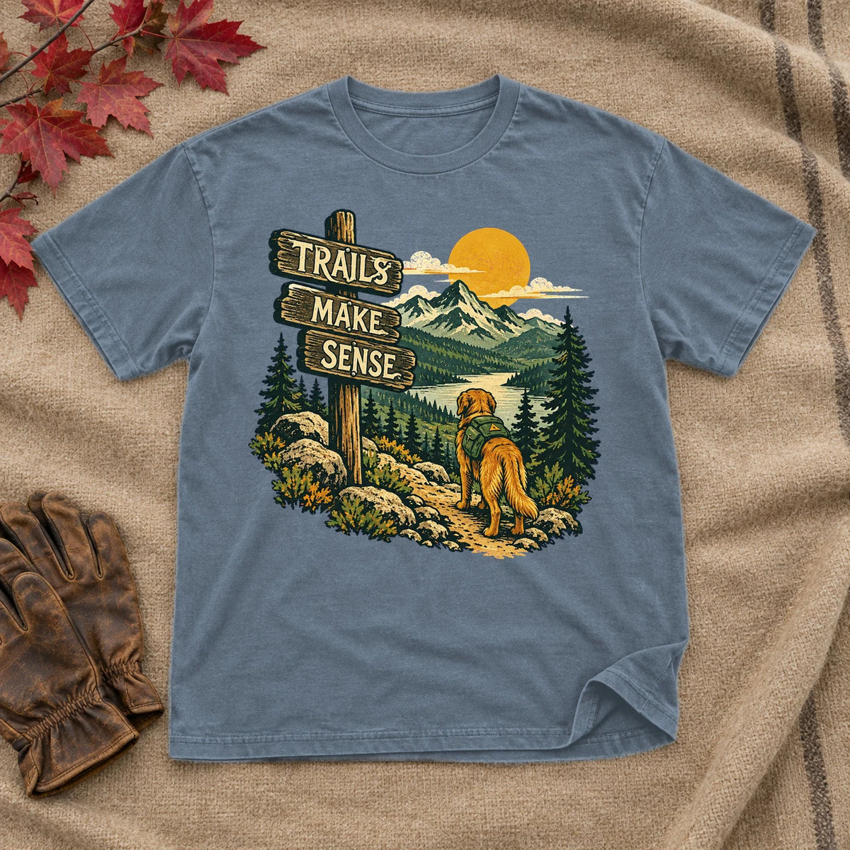 Trails Make Sense Hiking Dog Graphic Tee on Heather Indigo Everyday Soft Tee