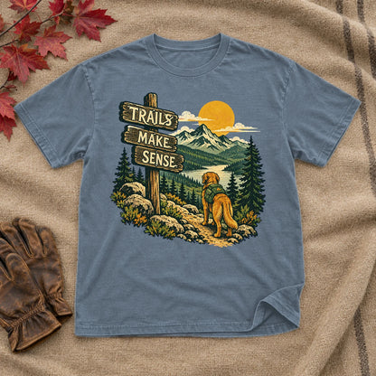 Trails Make Sense Hiking Dog Graphic Tee on Heather Indigo Everyday Soft Tee