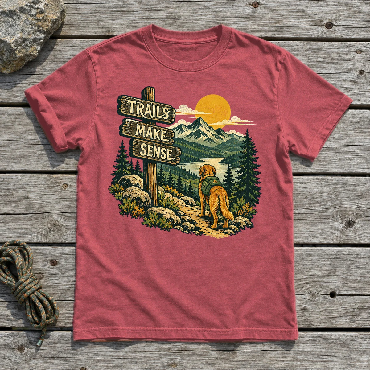 Trails Make Sense Hiking Dog Graphic Tee on Heather Red Everyday Soft Tee