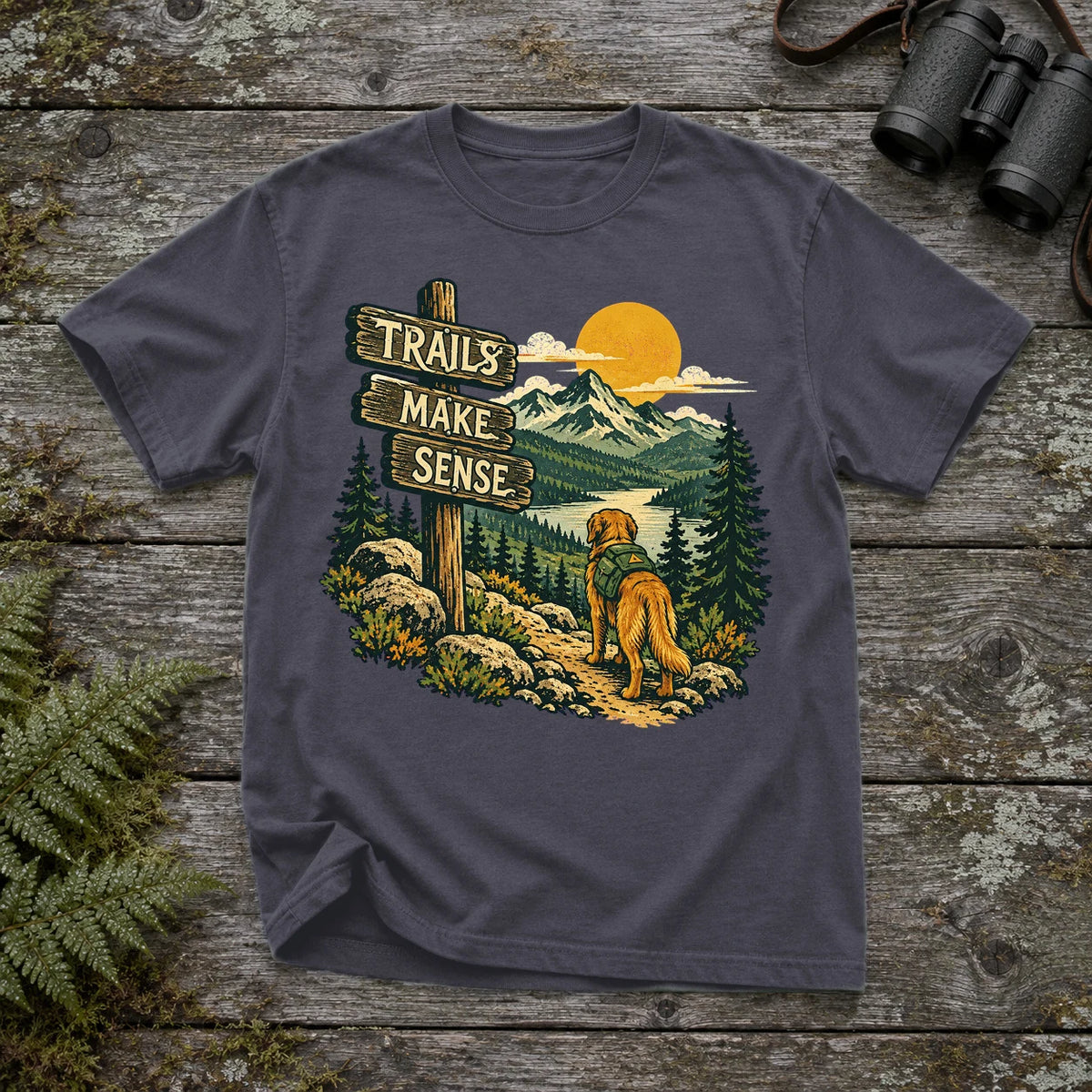 Trails Make Sense Hiking Dog Graphic Tee on Navy Premium Tee