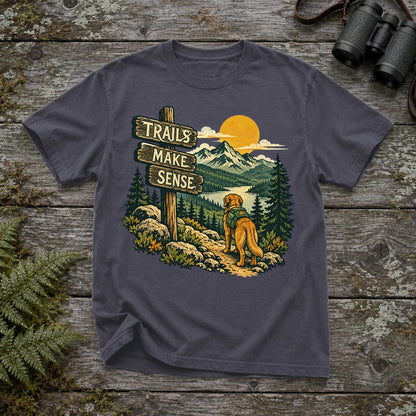 Trails Make Sense Hiking Dog Graphic Tee on Navy Premium Tee