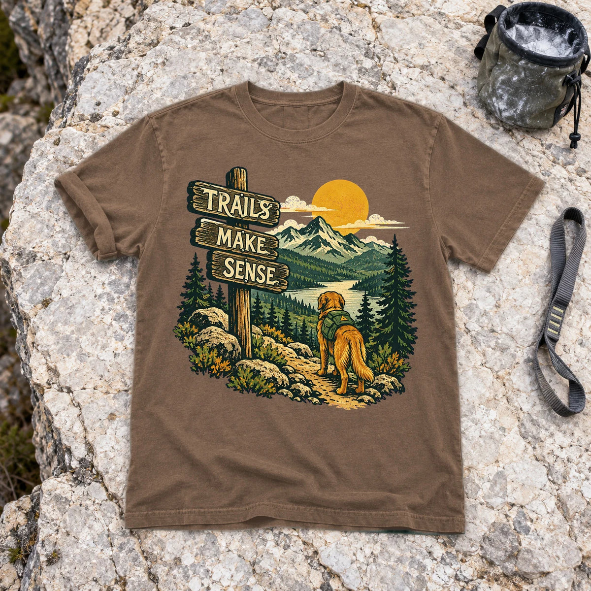 Trails Make Sense Hiking Dog Graphic Tee on Espresso Premium Tee