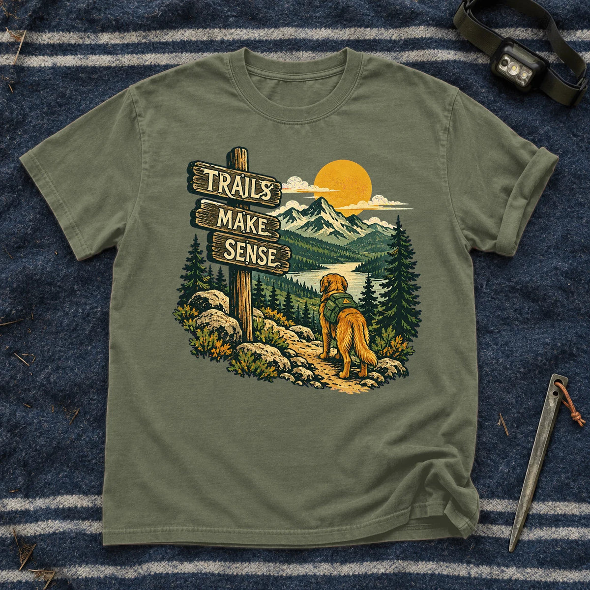 Trails Make Sense Hiking Dog Graphic Tee on Moss Premium Tee
