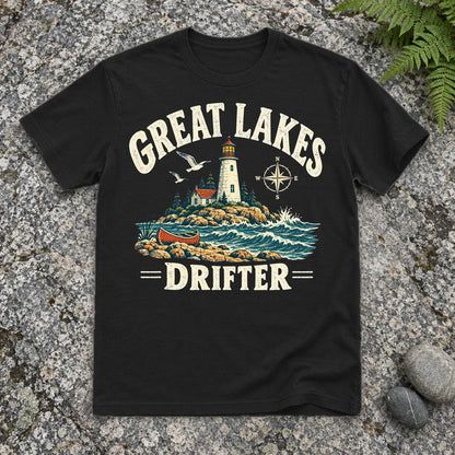 Great Lakes Drifter Lighthouse Graphic Tee on Black Everyday Soft Tee