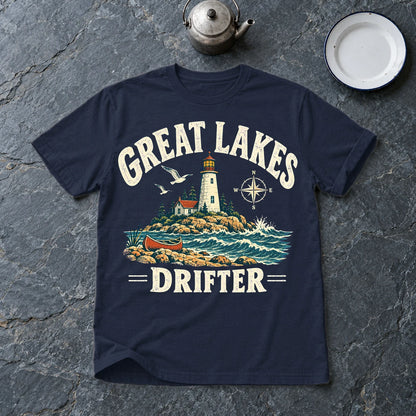 Great Lakes Drifter Lighthouse Graphic Tee on Navy Everyday Soft Tee