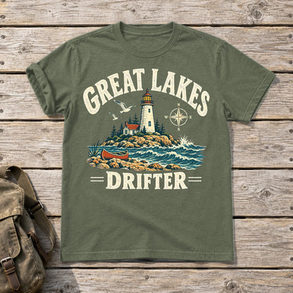 Great Lakes Drifter Lighthouse Graphic Tee on Military Green Everyday Soft Tee