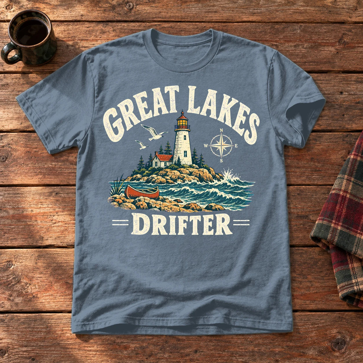 Great Lakes Drifter Lighthouse Graphic Tee on Heather Indigo Everyday Soft Tee